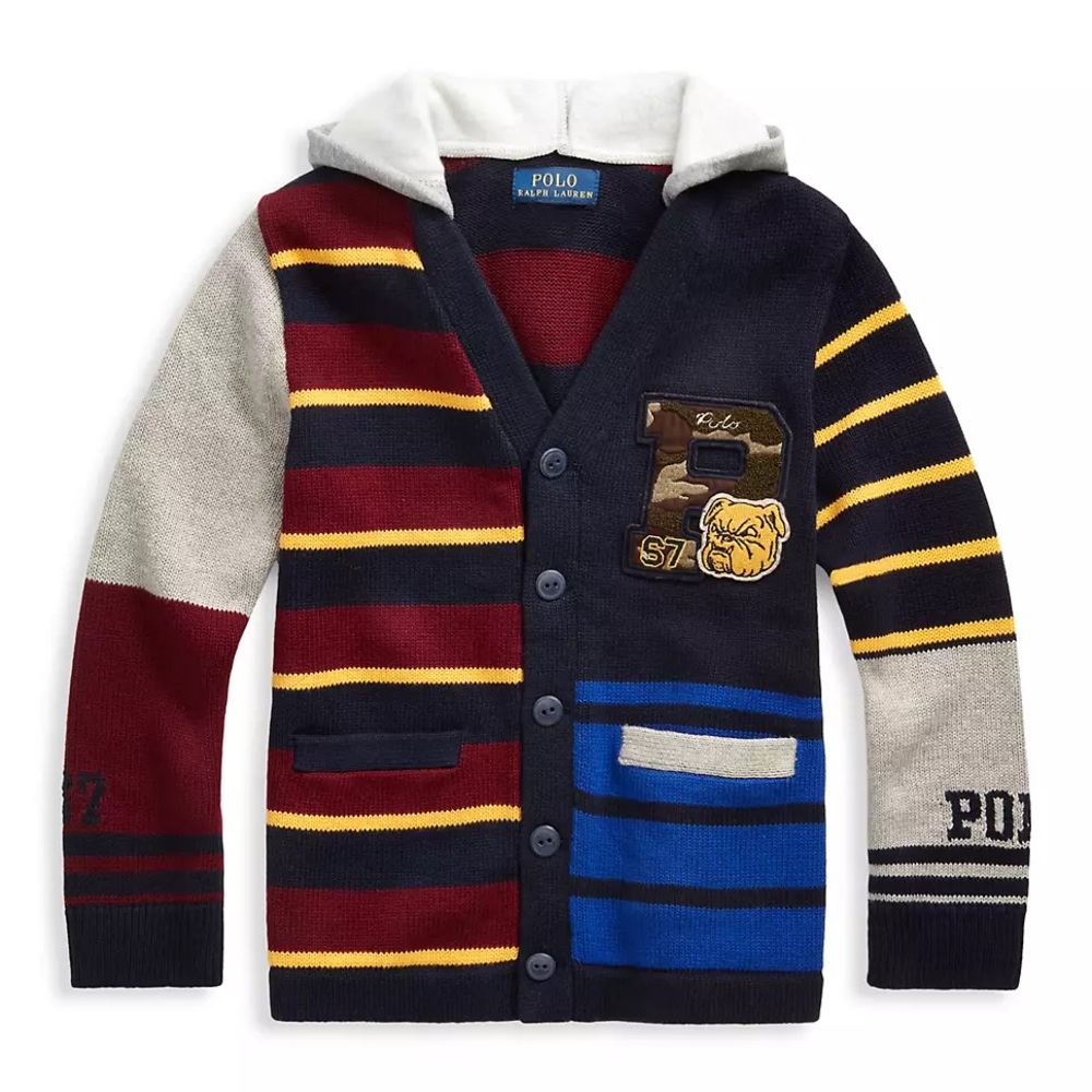 Polo by Ralph Lauren Boys Hooded Patchwork Cardigan w/67 on sleeve